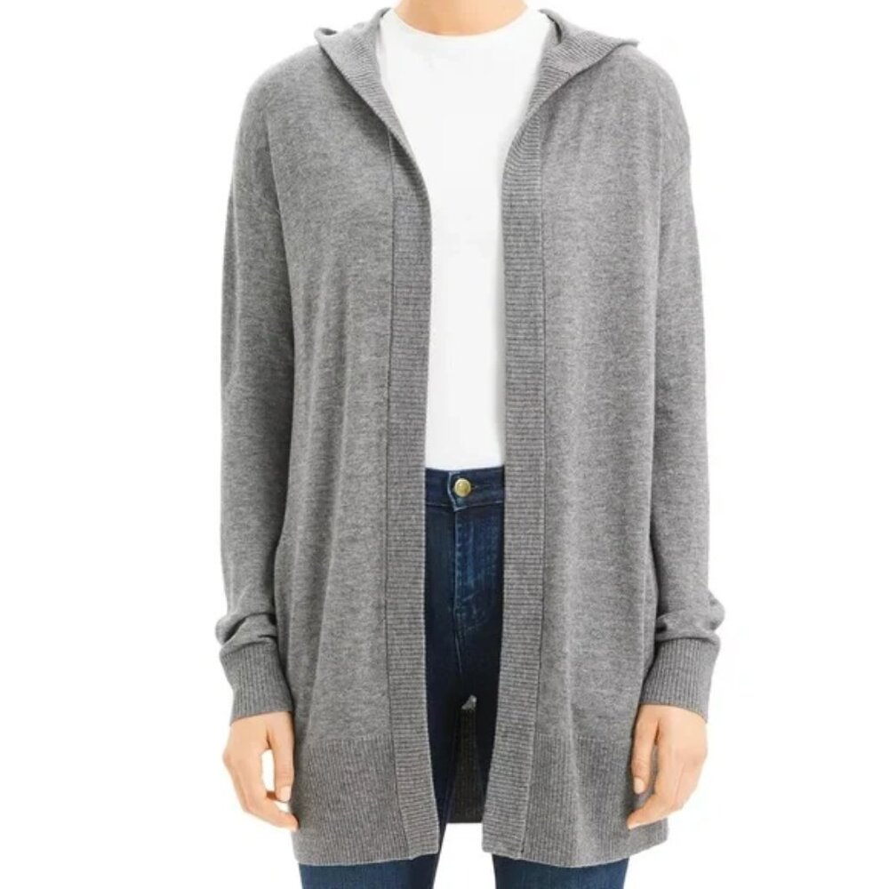 THEORY Open Front Wool Blend Hooded Cardigan with pockets in Gray Size S…